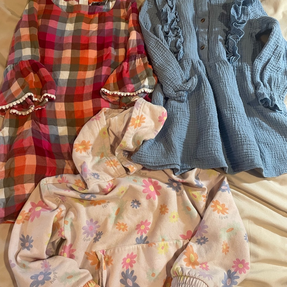 Colorful Kids Set w/Plaid and Solid Blue Dresses and‎ Floral Hoodie, Size 7